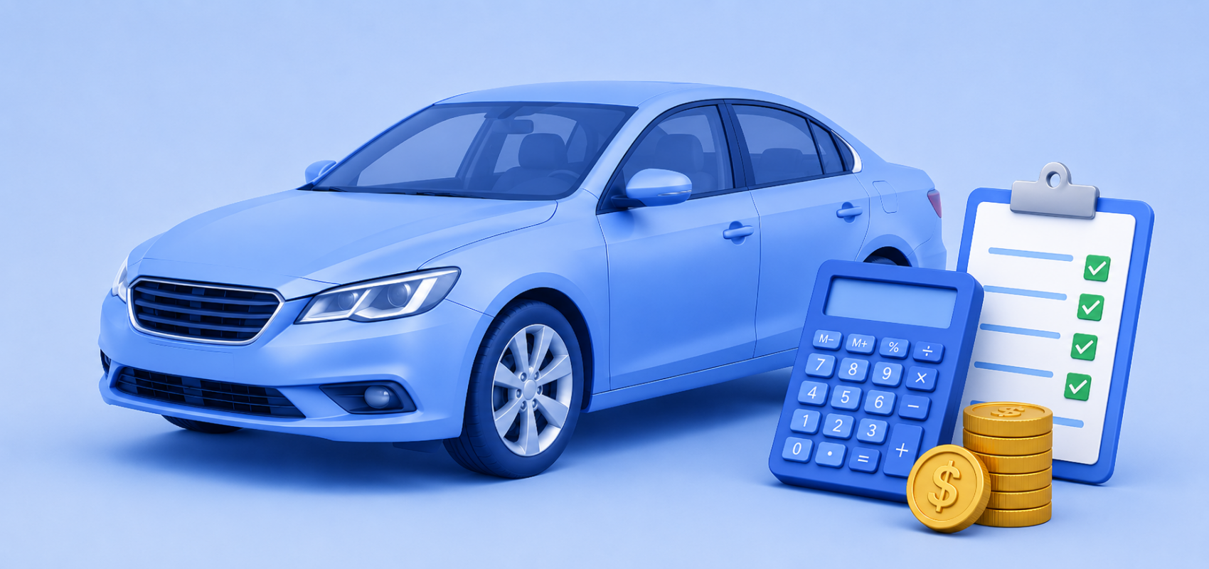 Car loan illustration with a vehicle, calculator, checklist and coins