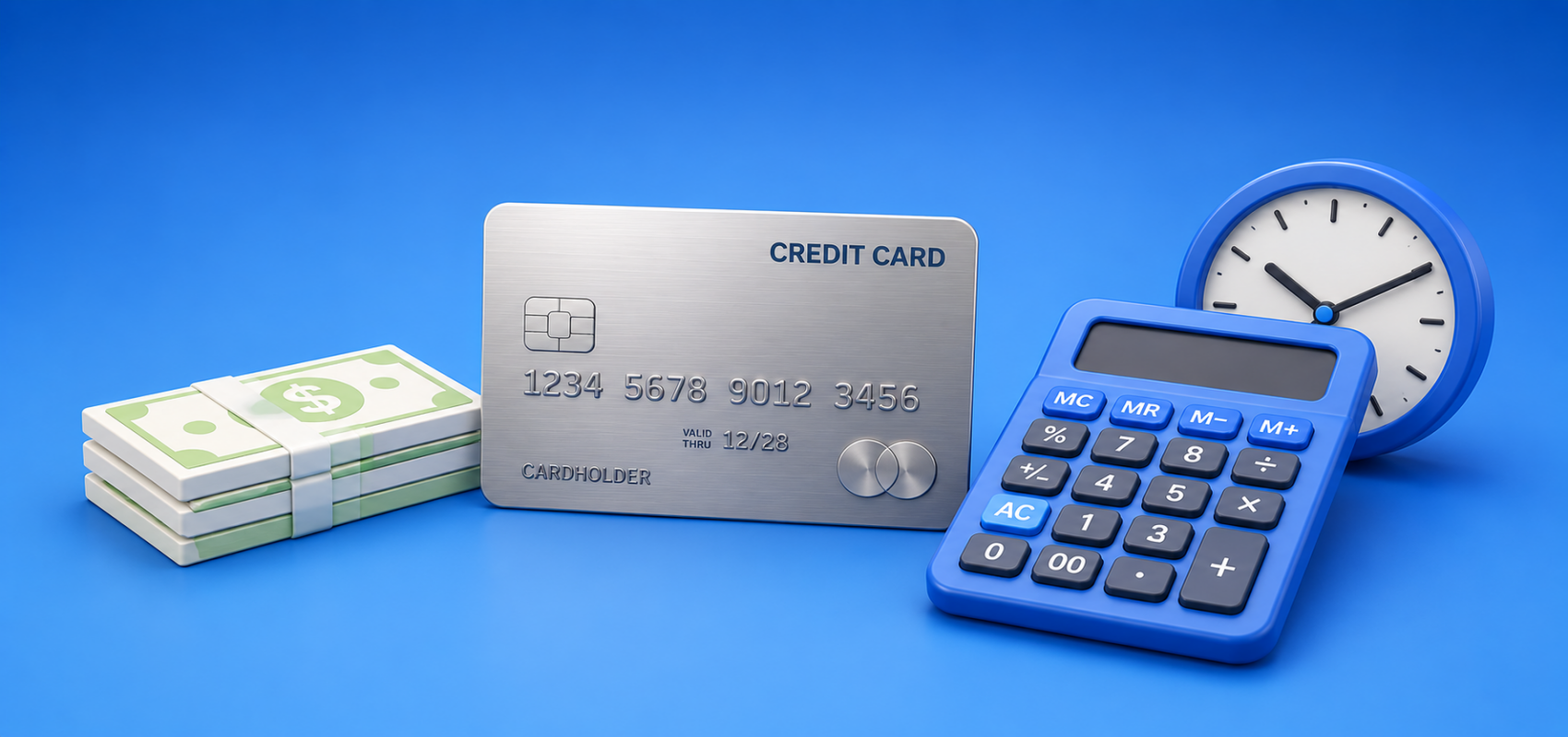 Credit card repayment illustration with a card, calculator and payment planning details