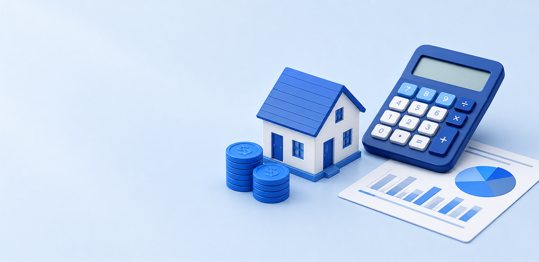 Calculator, house, coins and chart illustration