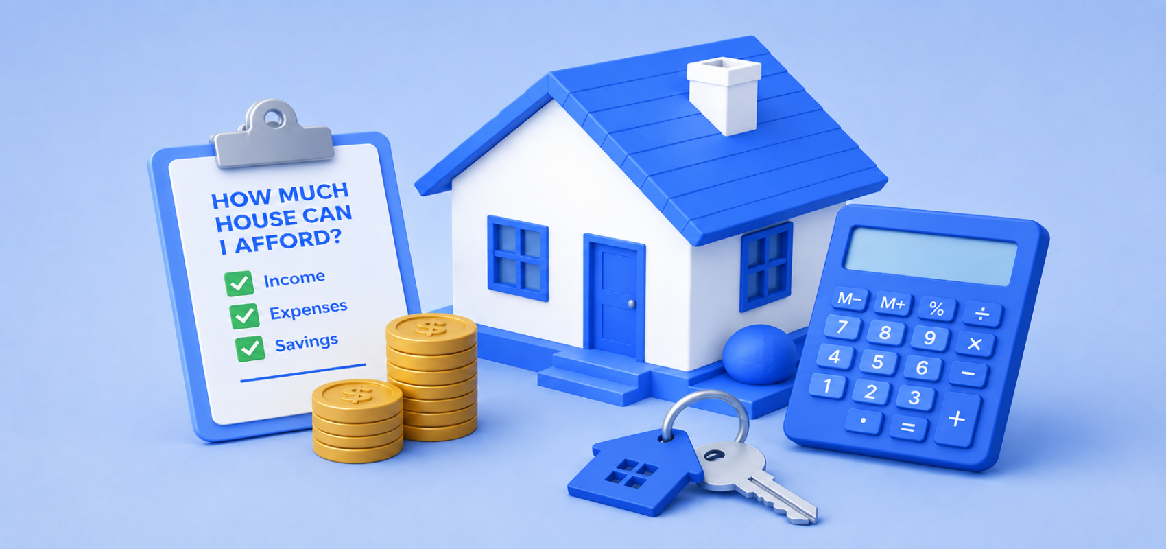 Home affordability illustration with a house, calculator, checklist, coins and keys