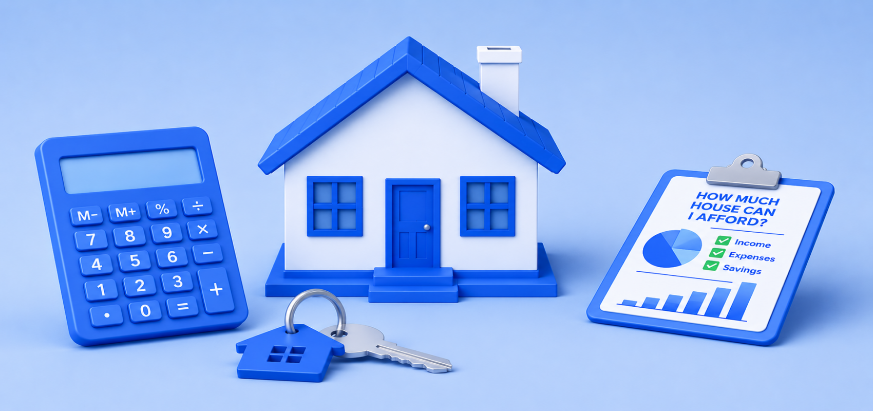 Mortgage calculator illustration with a house, calculator, keys and home affordability checklist