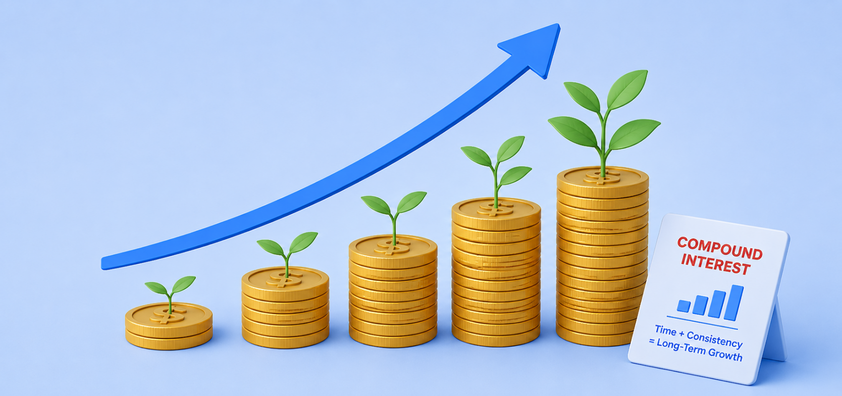 Compound interest illustration with growing coins, plants and an upward arrow