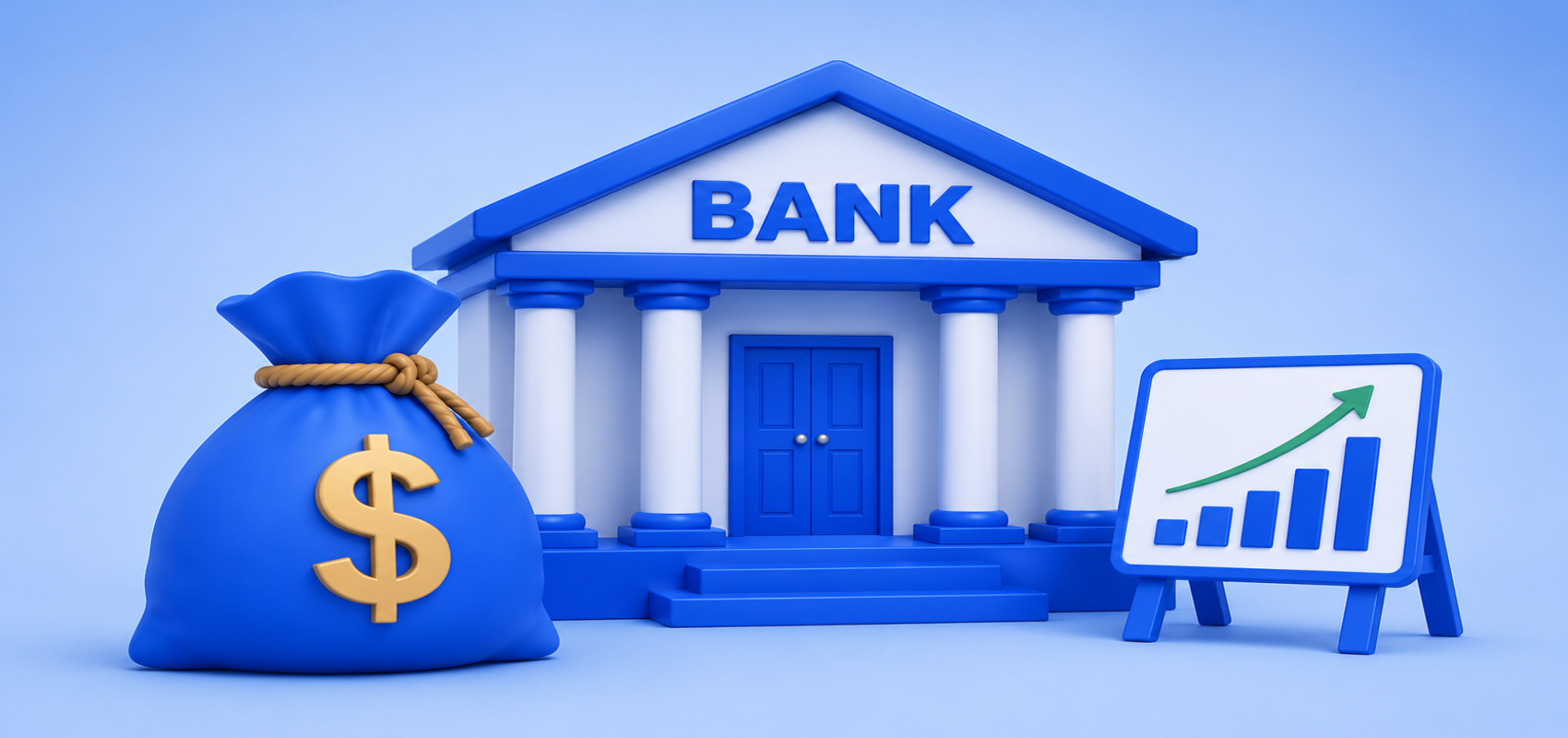 Simple and compound interest illustration with a bank, money bag and growth chart